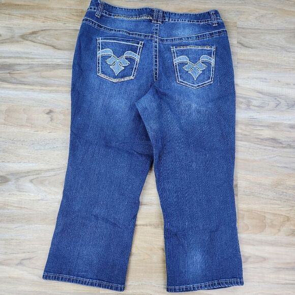 💇‍♀️Lane Bryant Blue Denim Tan Embroider Capri Jeans Size 18 - Picture 3 of 10